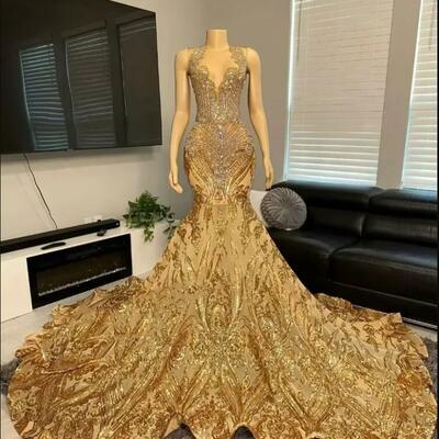 Gold v neck long prom dresses 2025 black girls beaded crystal applique birthday party rhinestone evening gowns