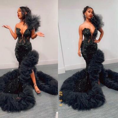 Shinny black prom dresses sequined sparkly mermaid gala party gowns african evening dress customized