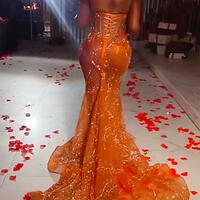 Orange Illusion Mermaid Evening Prom Dress with Lace Beads and Crystals - Thumbnail 1