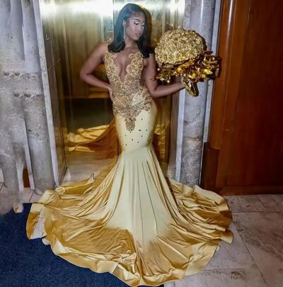 Sexy Gold Sequins Mermaid Prom Dresses Glitter Crystal Plus Size Evening Ocn Birthday Gowns Customised