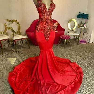 Red diamonds long mermaid prom dress for black girls sheer mesh top beaded crystal backless evening party dress formal sleeveless vestidos de