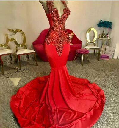 Red Diamonds Long Mermaid Prom Dress For Black Girls Sheer Mesh Top Beaded Crystal Backless Evening Party Dress Formal Sleeveless vestidos de
