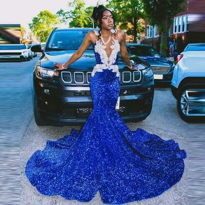 Shimmering blue sequin lace mermaid prom dress sexy necke, beaded appliques, plus size africa party gown