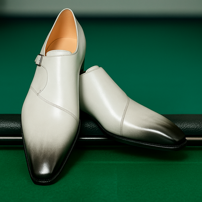 Handmade Men's Single Monk Strap White Leather With Black Tone Dress Shoes