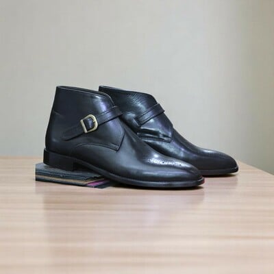 Men's handmade black monk boot, full grain leather brogue boot