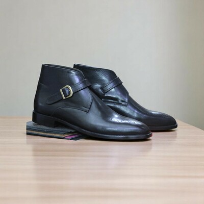 Men's Handmade Black Monk Boot, Full Grain Leather Brogue Boot