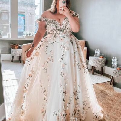 Plus size ball gown appliques floral wedding dress bridal gowns wedding gown
