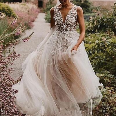 Sexy a line lace appliques v neck tulle wedding dress bridal gowns wedding gown