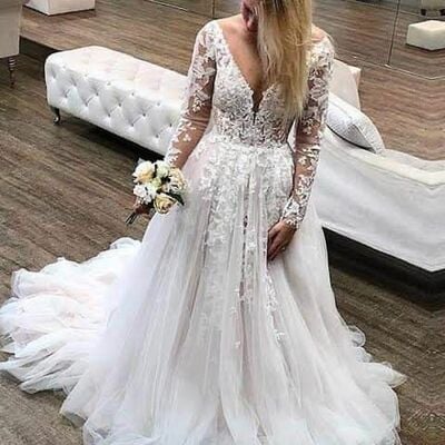 Elegant a line long sleeve lace appliques wedding dress bridal gowns wedding gown