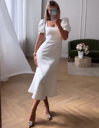 Simple Sheath Tea-length Beach Behomia Wedding Dress Bridal Gowns Wedding Gown