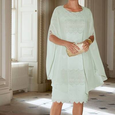 Mint green chiffon with jacket tea-length lace mother of the bride/groom dress evening formal dress
