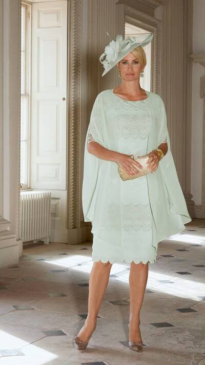 Mint Green Chiffon with Jacket Tea-length Lace Mother of the Bride/Groom Dress Evening Formal Dress