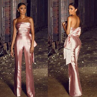 Pink jumpsuit strapless women pants suits satin ruffles big bow evening dresses prom dress formal pantsuits