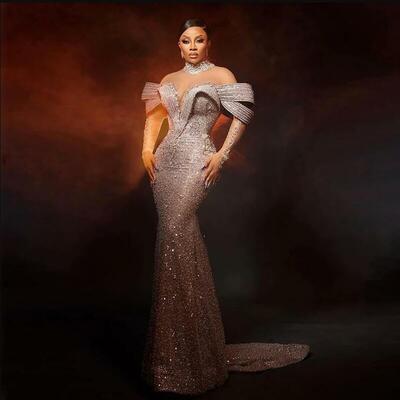 Crystals beaded mermaid evening dresses african high neck sheer long sleeves ruffles formal party dress event gala gowns