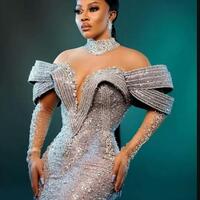 Crystals Beaded Mermaid Evening Dresses African High Neck Sheer Long Sleeves Ruffles Formal Party Dress Event Gala Gowns - Thumbnail 2