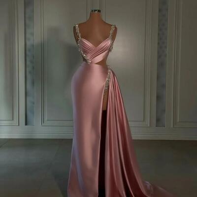 Pink sheath evening gown beaded straps v neck party prom dresses ruffle sweep train split formal long dress for special occasion