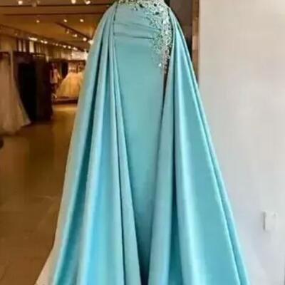 Blue mermaid evening dresses overskirt sequins sleeveless lace designer scoop neck floor length custom made