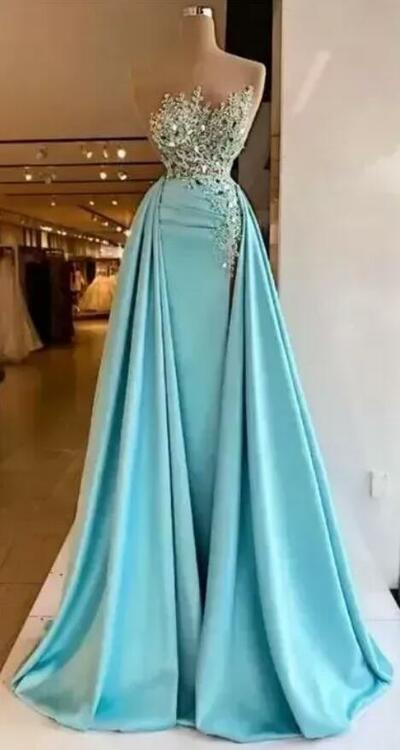 Blue Mermaid Evening Dresses Overskirt Sequins Sleeveless Lace Designer Scoop Neck Floor Length Custom Made