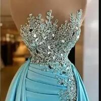 Blue Mermaid Evening Dresses Overskirt Sequins Sleeveless Lace Designer Scoop Neck Floor Length Custom Made - Thumbnail 1