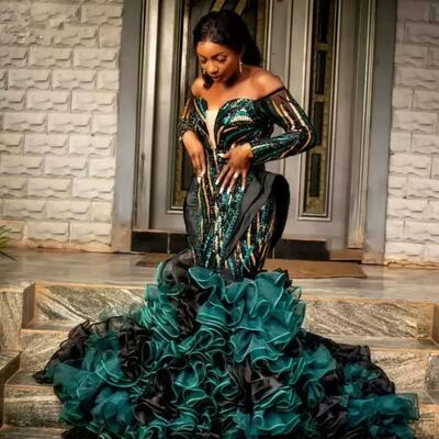 Emerald green african mermaid prom dresses sparkle long sleeve evening gowns full sleeves off shoulder ruffles plus size party dress s