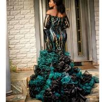 Emerald Green African Mermaid Prom Dresses Sparkle Long Sleeve Evening Gowns Full Sleeves Off Shoulder Ruffles Plus Size Party Dress s - Thumbnail 1