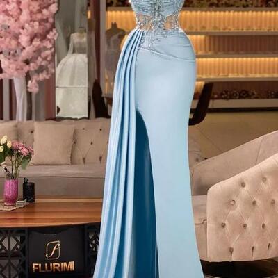 Light blue mermaid evening illusion top crystals sweetheart pleats satin split party ocn gowns prom dresses wears