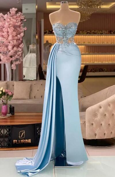 Light Blue Mermaid Evening Illusion Top Crystals Sweetheart Pleats Satin Split Party Ocn Gowns Prom Dresses Wears