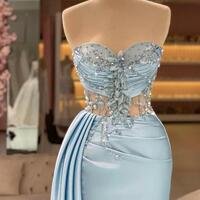 Light Blue Mermaid Evening Illusion Top Crystals Sweetheart Pleats Satin Split Party Ocn Gowns Prom Dresses Wears - Thumbnail 1