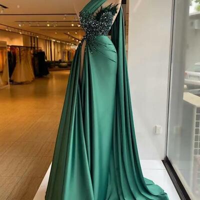 Hunter green satin mermaid prom party dresses one shoulder high neck beaded feather plus size formal evening occasion gowns