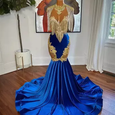 Sexy high neck long prom dress for black girls tassel royal blue appliques backless birthday party evening gowns