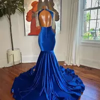 Sexy High Neck Long Prom Dress For Black Girls Tassel Royal Blue Appliques Backless Birthday Party Evening Gowns - Thumbnail 1