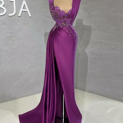 Purple mermaid luxurious prom dresses beaded crystals evening formal party second reception birthday engagement gown