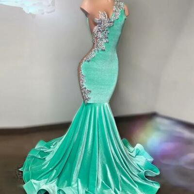 Mint green prom dresses for women crystal beading velvet african girls mermaid party gowns robe de soiree femme