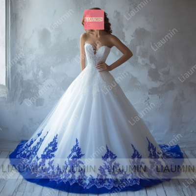 White and blue tulle strapless full length prom dress evening dress custom hand made w19-2.1