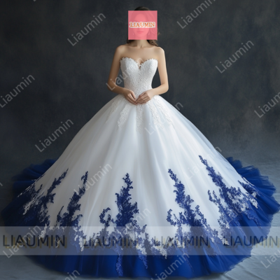 White and blue tulle strapless full length prom dress evening dress custom hand made w19-2.2