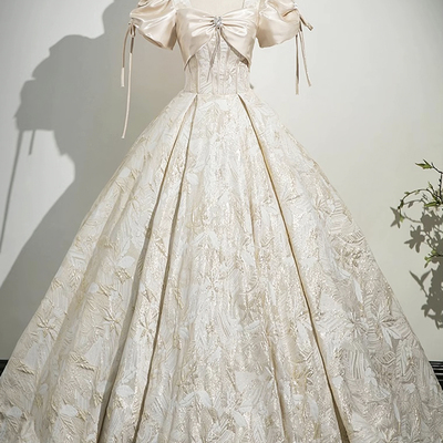 Champagne print long prom dress, a-line short sleeve party dress - Thumbnail 1