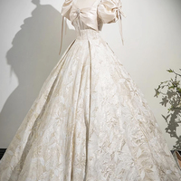 Champagne Print Long Prom Dress, A-Line Short Sleeve Party Dress - Thumbnail 2