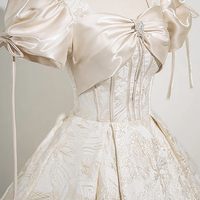 Champagne Print Long Prom Dress, A-Line Short Sleeve Party Dress - Thumbnail 3