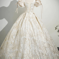 Champagne Print Long Prom Dress, A-Line Short Sleeve Party Dress - Thumbnail 4