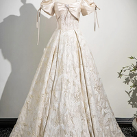 Champagne Print Long Prom Dress, A-Line Short Sleeve Party Dress - Thumbnail 5