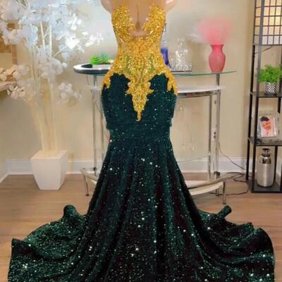 Sparkly dark green mermaid prom dresses for arabic women with gold applique party gowns long evening dress vestidos de graduacion