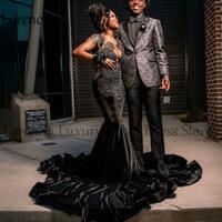 Sparkly Beaded Long Mermaid Prom Dresses For Black Girl Crystals Evening Party Gowns Sleeveless Dia vestidos de gala - Thumbnail 1