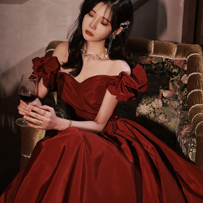Burgundy satin long prom dress a line evening dress,1914