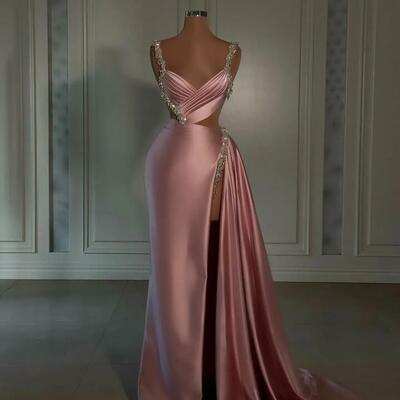 Pink sheath evening gown beaded straps v neck party prom dresses ruffle sweep train split formal long dress