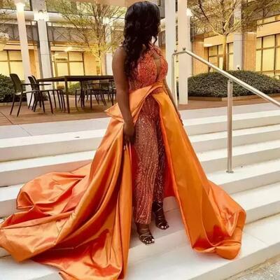 Orange beaded jumpsuits prom dresses sequined one shoulder neckline overskirt evening gowns appliqued sweep train special ocn forma
