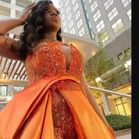 Orange Beaded Jumpsuits Prom Dresses Sequined One Shoulder Neckline Overskirt Evening Gowns Appliqued Sweep Train Special Ocn Forma - Thumbnail 1