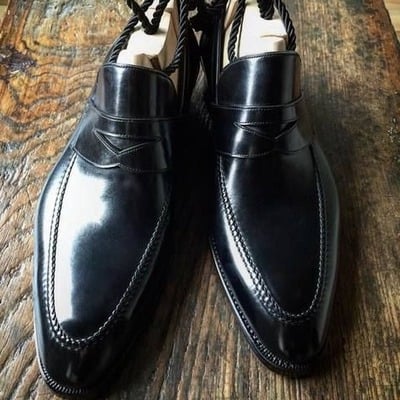 Handmade men black calf leather moccasin loafers formal dress shoes - Thumbnail 3