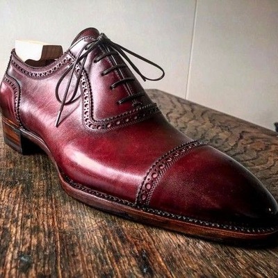 Handmade men burgundy leather dress shoes - Thumbnail 3