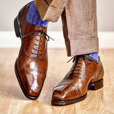 Handmade men brown leather oxford lace up dress shoes - Thumbnail 4