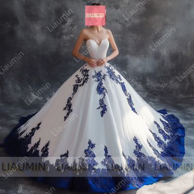 White and blue tulle strapless full length prom dress evening dress custom hand made w19-2.4